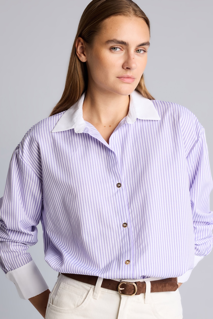 Kadın Lila Oversize Kontrast Yaka Çizgili Poplin Gömlek