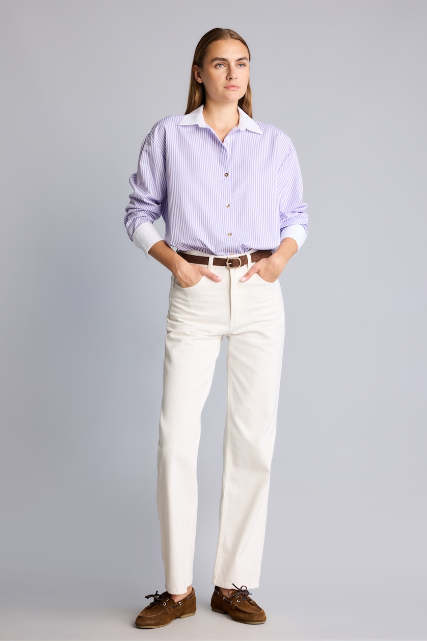 Kadın Lila Oversize Kontrast Yaka Çizgili Poplin Gömlek