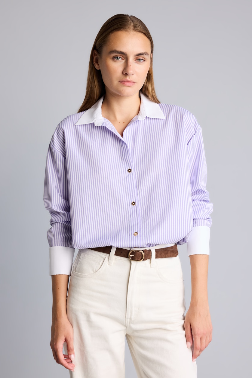 Kadın Lila Oversize Kontrast Yaka Çizgili Poplin Gömlek