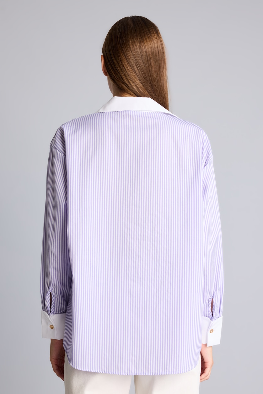 Kadın Lila Oversize Kontrast Yaka Çizgili Poplin Gömlek