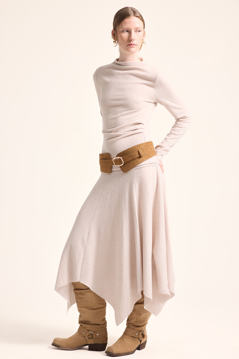 حريمي ميلانج بيج Slim Fit Mock-Neck Long Sleeve Basic T-Shirt