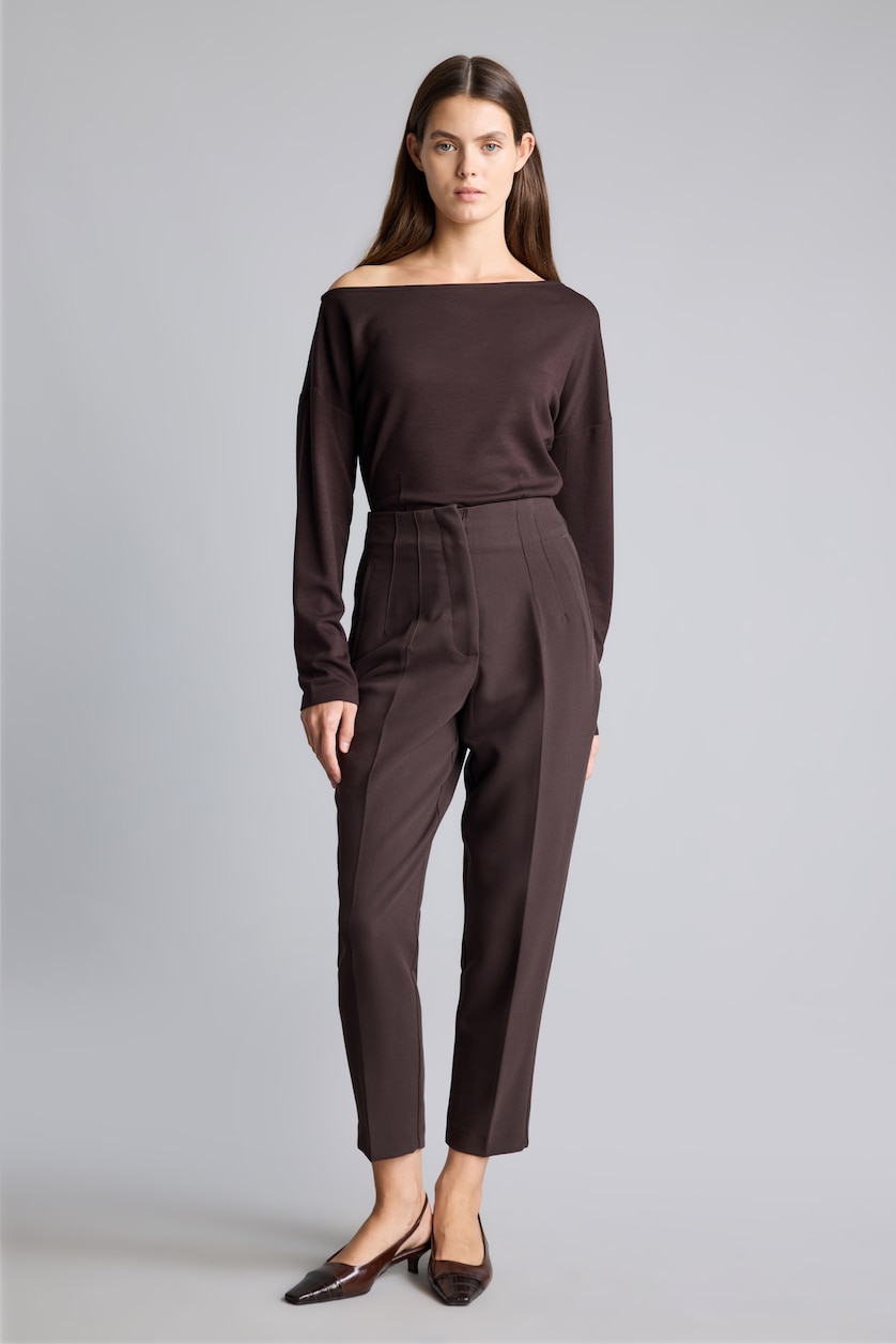 Kadın Kahve Slim Fit Tek Omuz Basic Sweatshirt