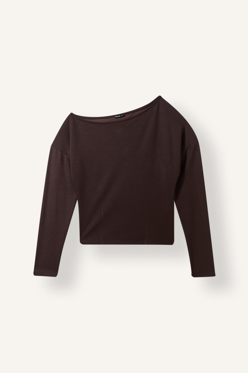 Kadın Kahve Slim Fit Tek Omuz Basic Sweatshirt