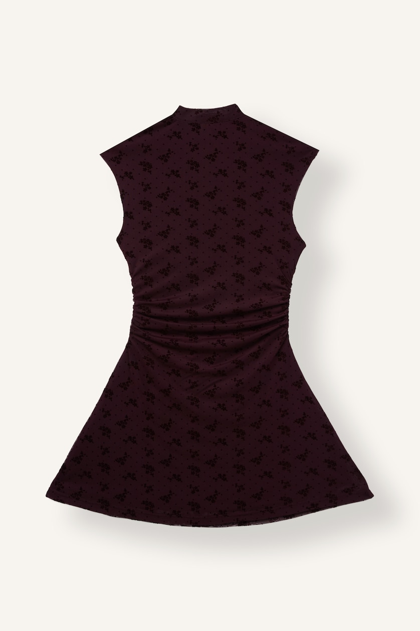 Kadın Bordo Büzgülü Tül Çiçekli Mini Elbise