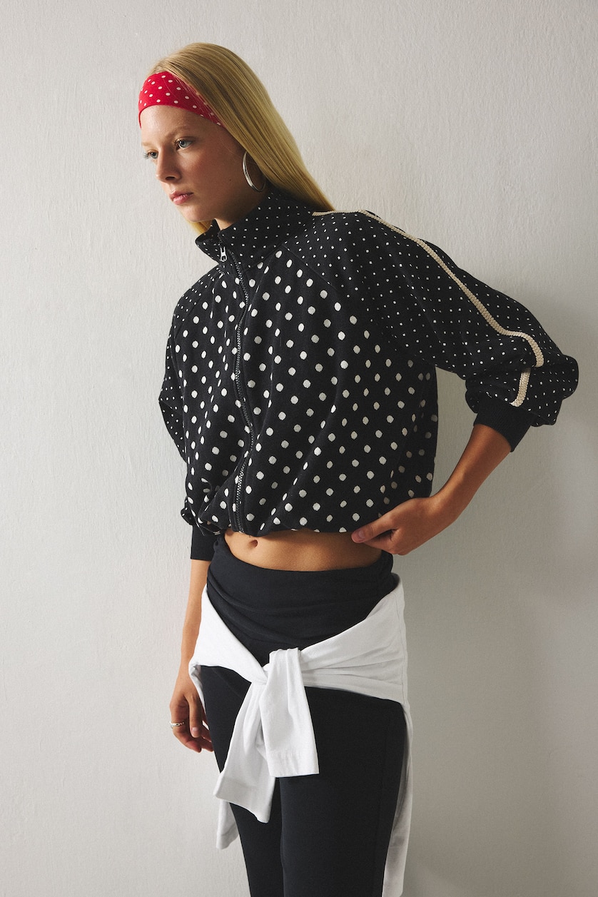 Kadın Siyah %100 Pamuk Puantiyeli Poplin Crop Ceket
