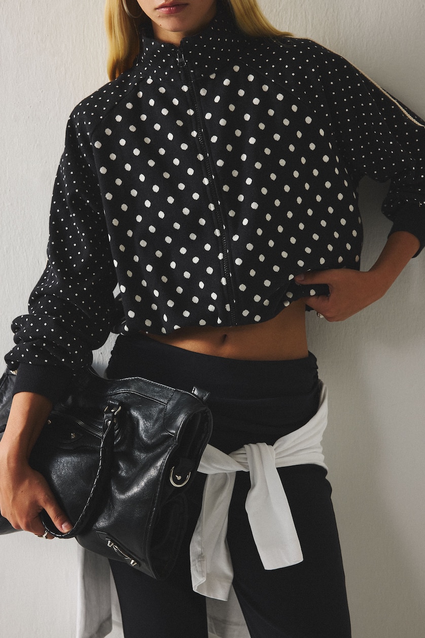 Kadın Siyah %100 Pamuk Puantiyeli Poplin Crop Ceket