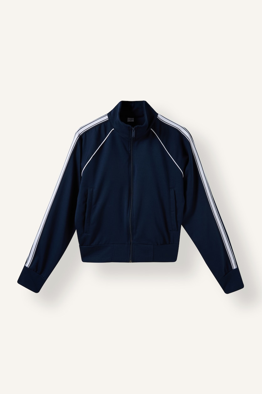 Kadın Lacivert Standart Fit Şerit Detaylı Basic Sweatshirt Hırka