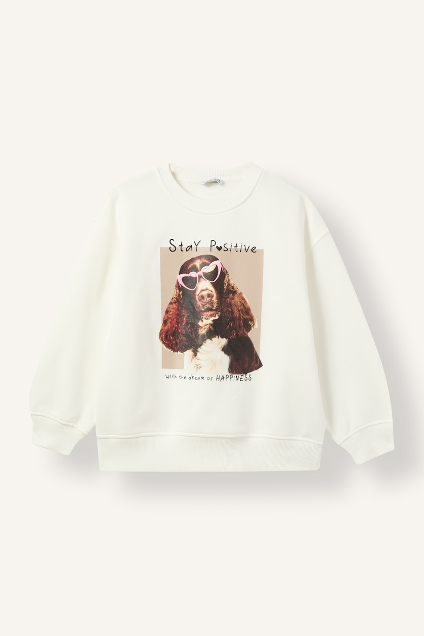 Young Girls - Teen Girls Ecru Woman Oversize Fit Printed Crew Neck Sweatshirt
