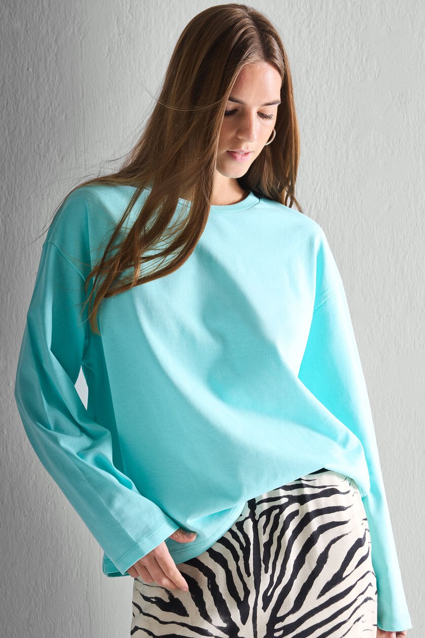 WOMAN Light Green 100% Cotton Loose Fit Long Sleeve Basic T-Shirt