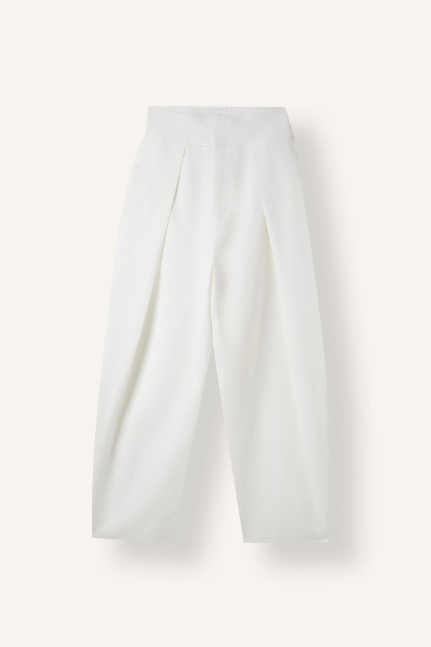 Women White Barrel Fit Linen Blend Regular Waist Trousers