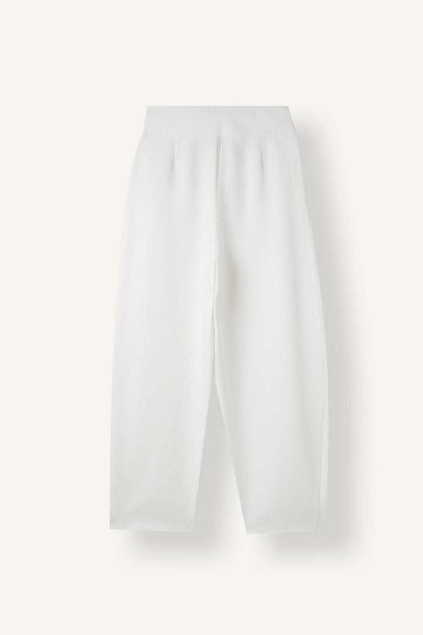 Women White Barrel Fit Linen Blend Regular Waist Trousers