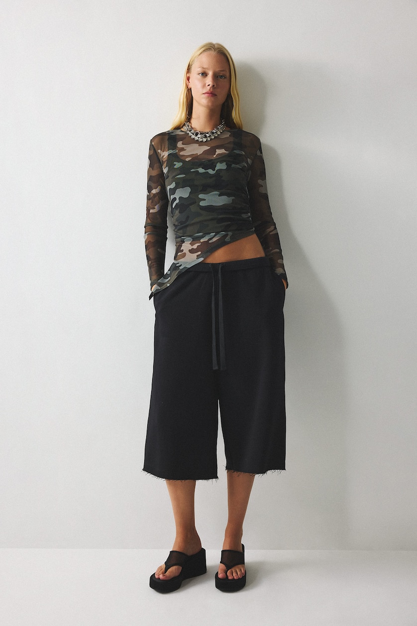 Women Black Slim Fit Tulle Long Sleeve T-Shirt