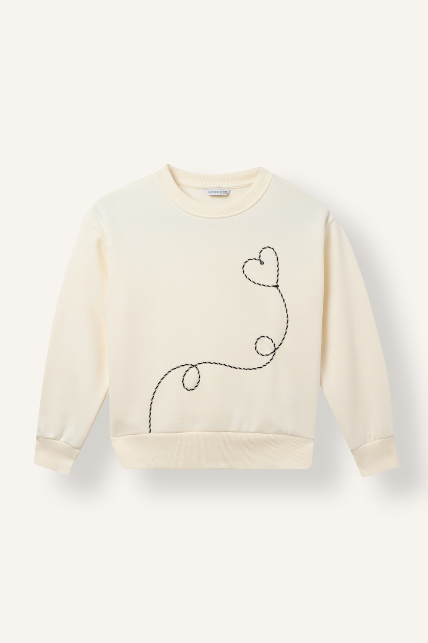 Kız Çocuk - Genç Kız Ekru Relax Fıt Bisiklet Yaka Kalp Desenli İçi Yumuşak Tüylü Kalın Sweatshirt Kumaşı Sweatshirt Kız Çocuk