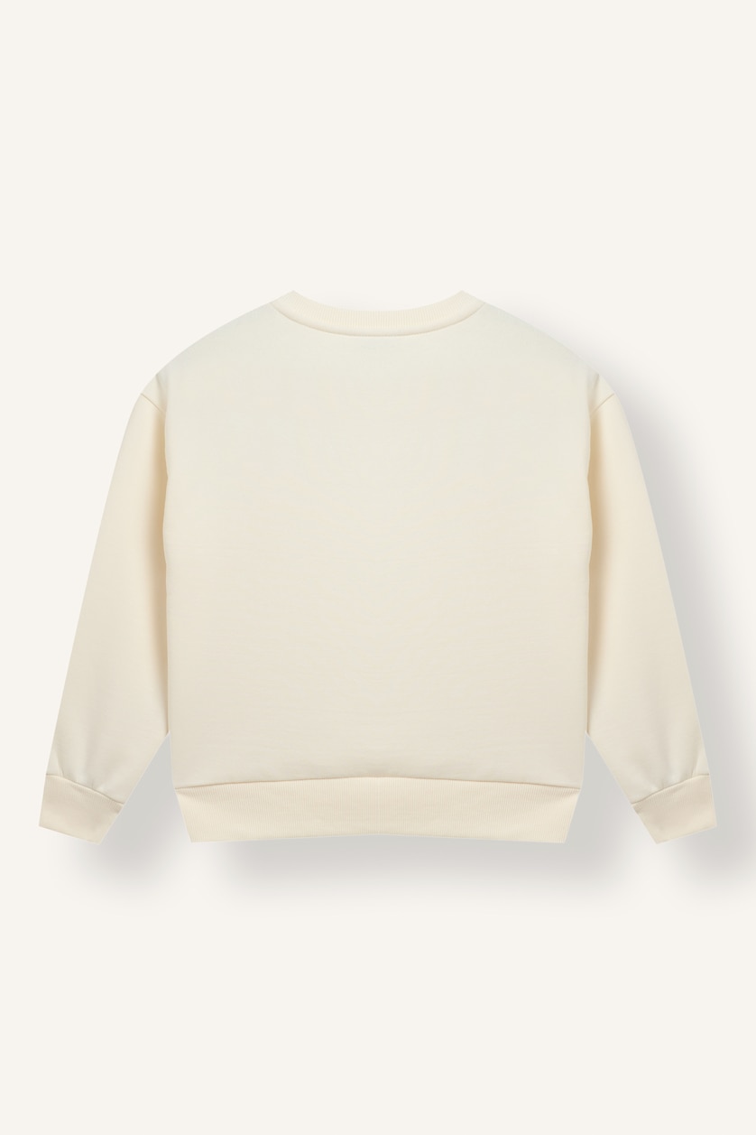 Kız Çocuk - Genç Kız Ekru Relax Fıt Bisiklet Yaka Kalp Desenli İçi Yumuşak Tüylü Kalın Sweatshirt Kumaşı Sweatshirt Kız Çocuk