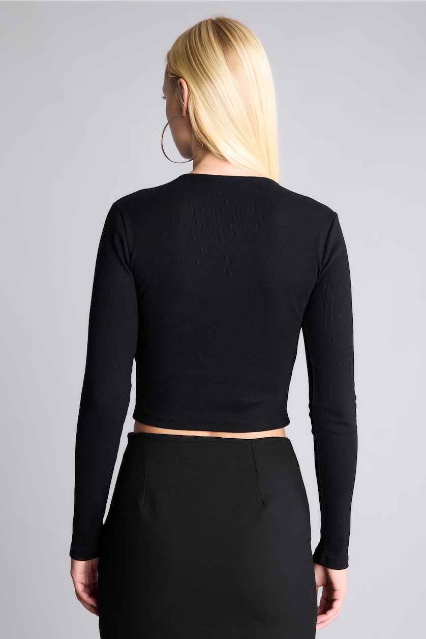 Kadın Siyah Fitted Çin Düğmeli Fitilli Crop Basic Tişört
