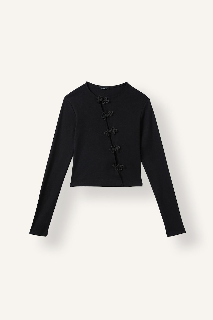 Kadın Siyah Fitted Çin Düğmeli Fitilli Crop Basic Tişört