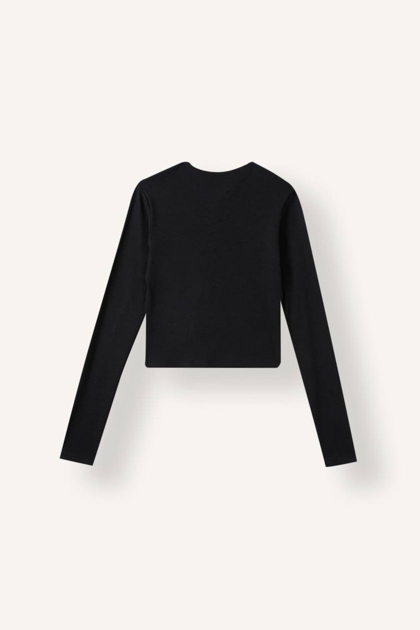 Kadın Siyah Fitted Çin Düğmeli Fitilli Crop Basic Tişört