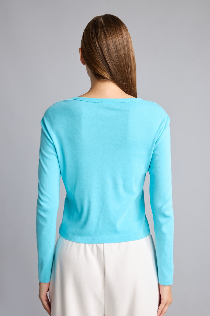 Kadın Deniz Mavisi Slim Fit Düğmeli Ribana Basic Hırka