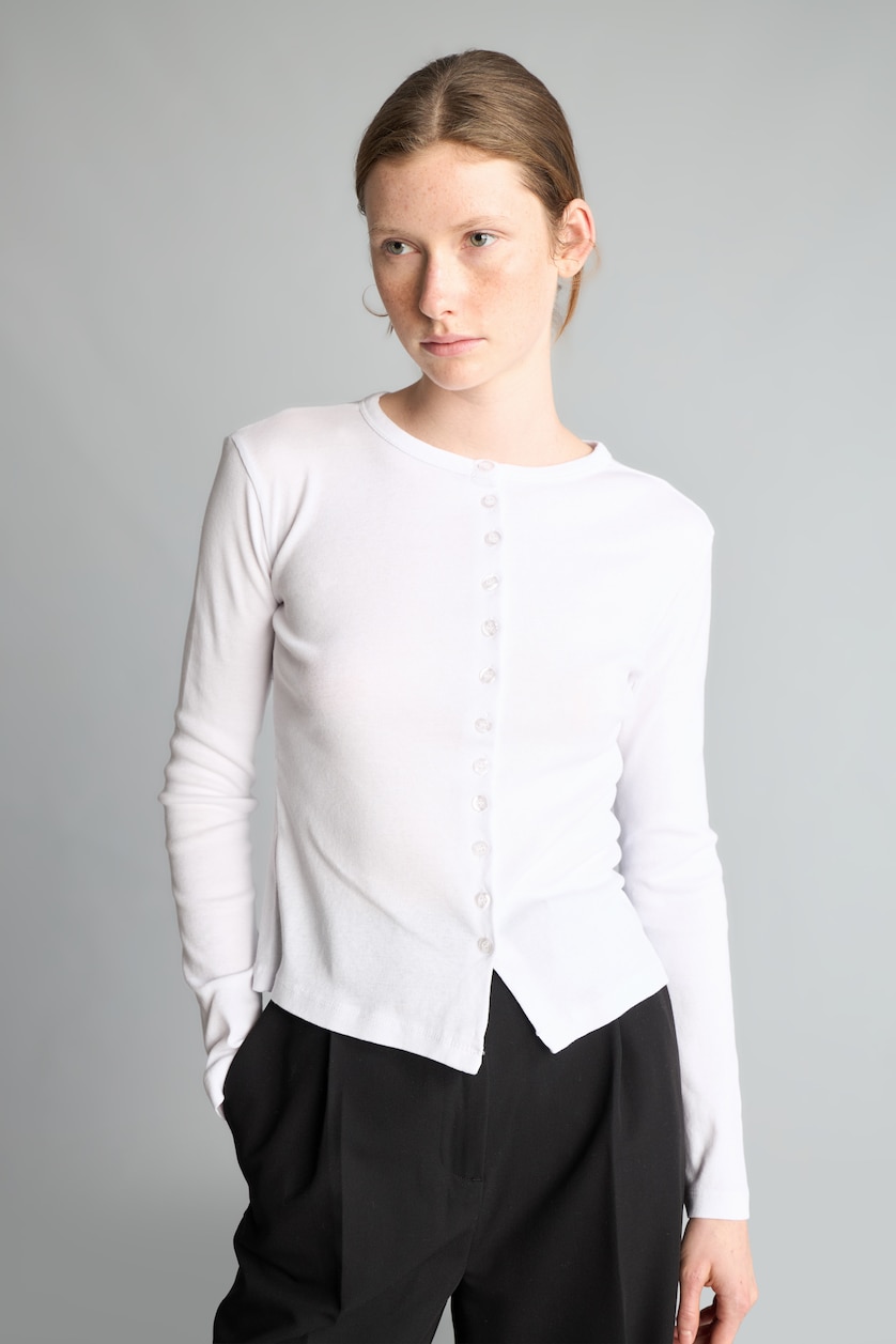 WOMAN White 100% Cotton Slim Fit Ribbed Basic Cardigan