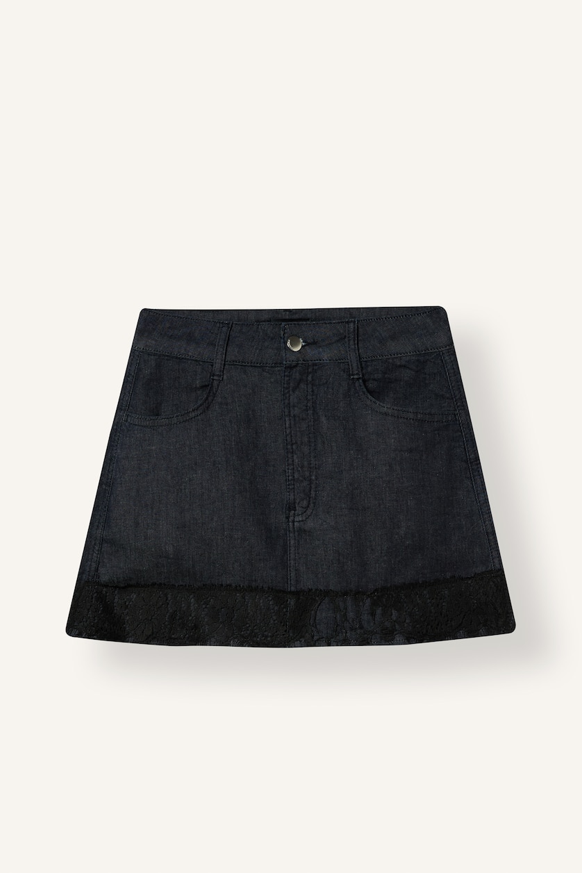 Kadın Mavi Siyah Dantel Detaylı Jean Mini Etek