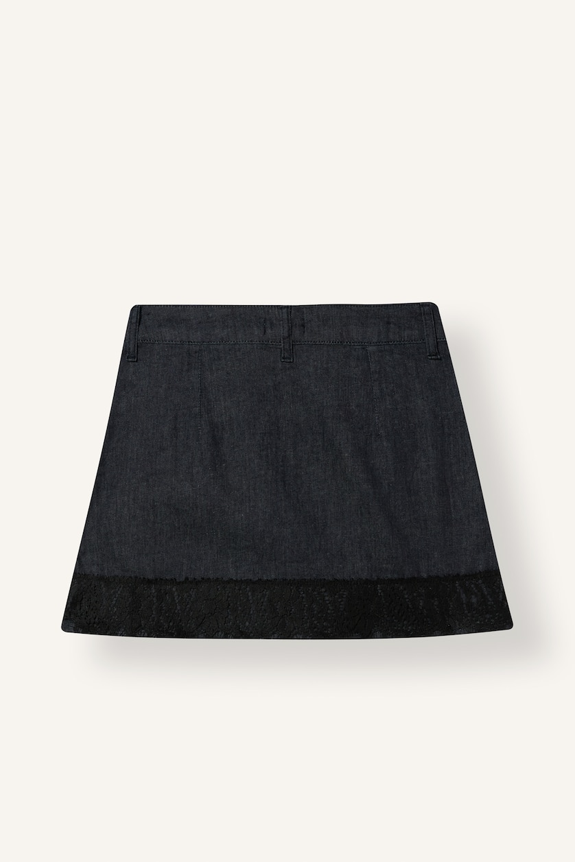 Kadın Mavi Siyah Dantel Detaylı Jean Mini Etek