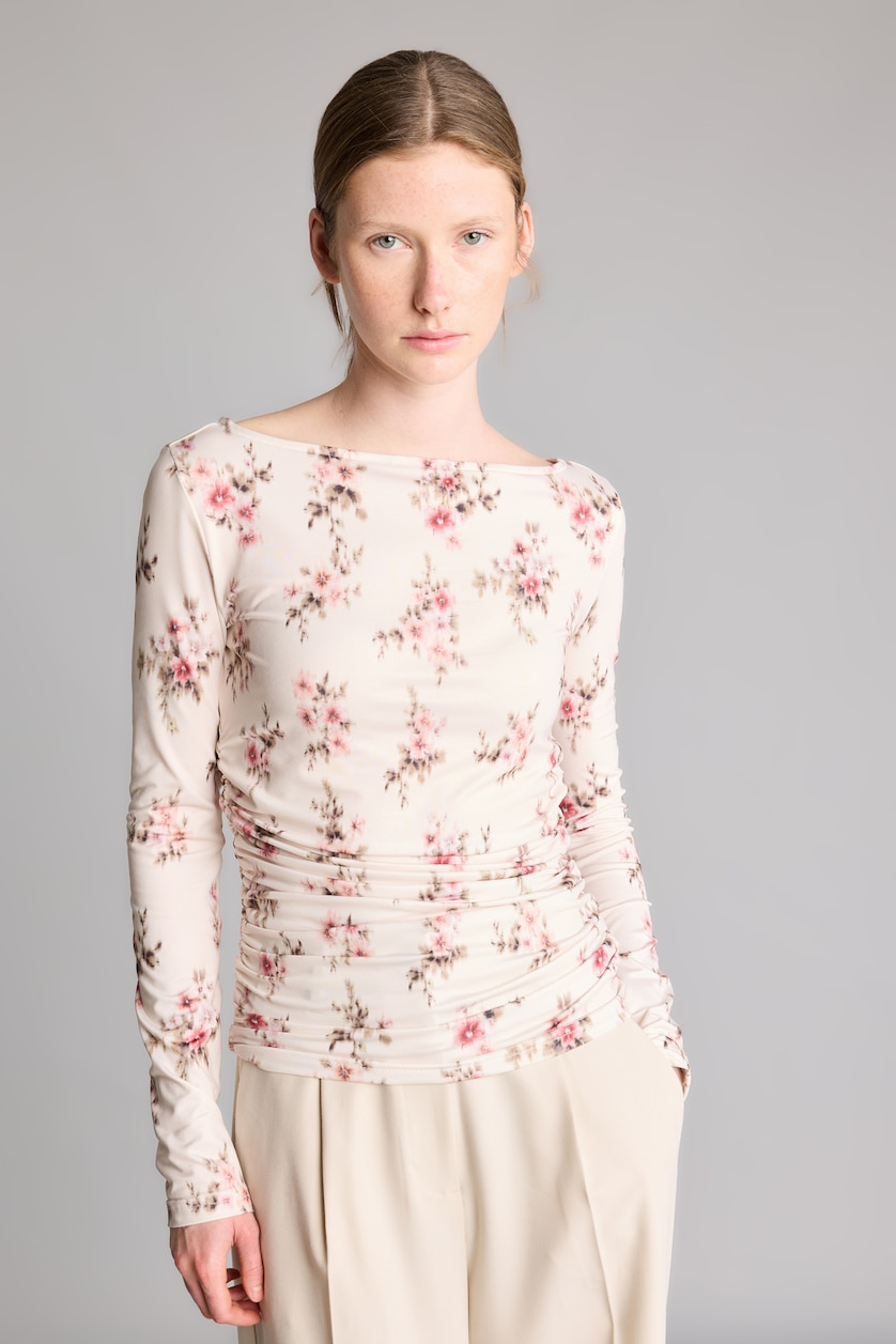 Women Ecru Slim Fit Tulle Long Sleeve T-Shirt