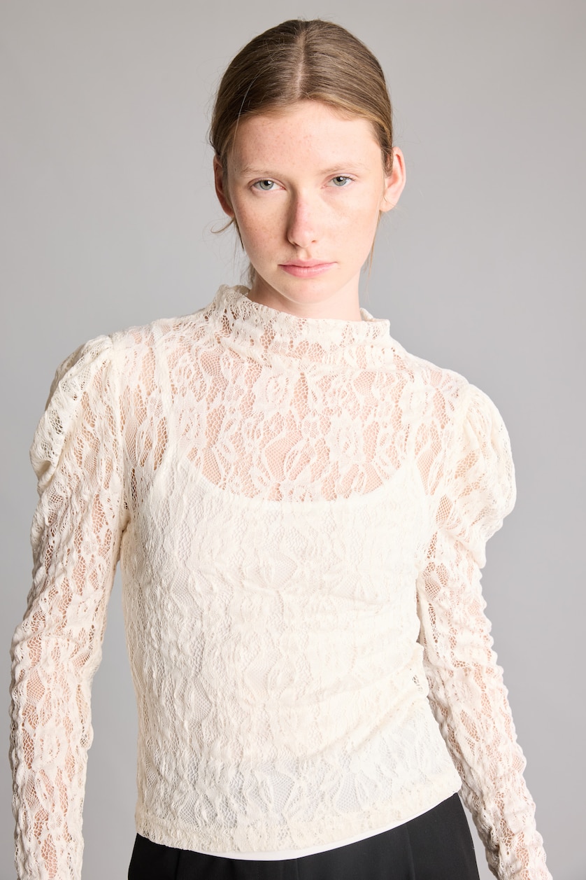 Women Ecru Slim Fit Lace Long Sleeve T-Shirt