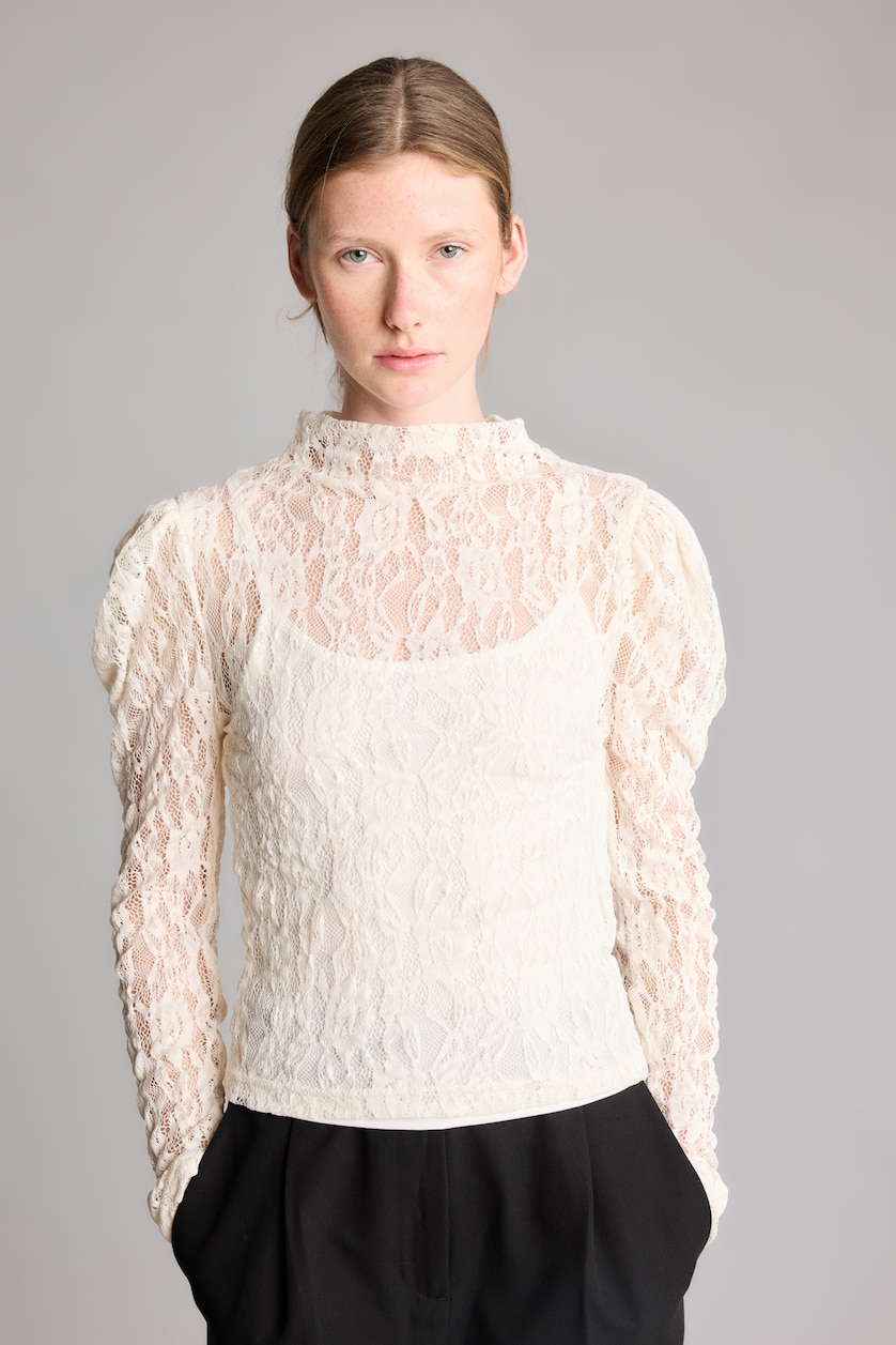 Women Ecru Slim Fit Lace Long Sleeve T-Shirt