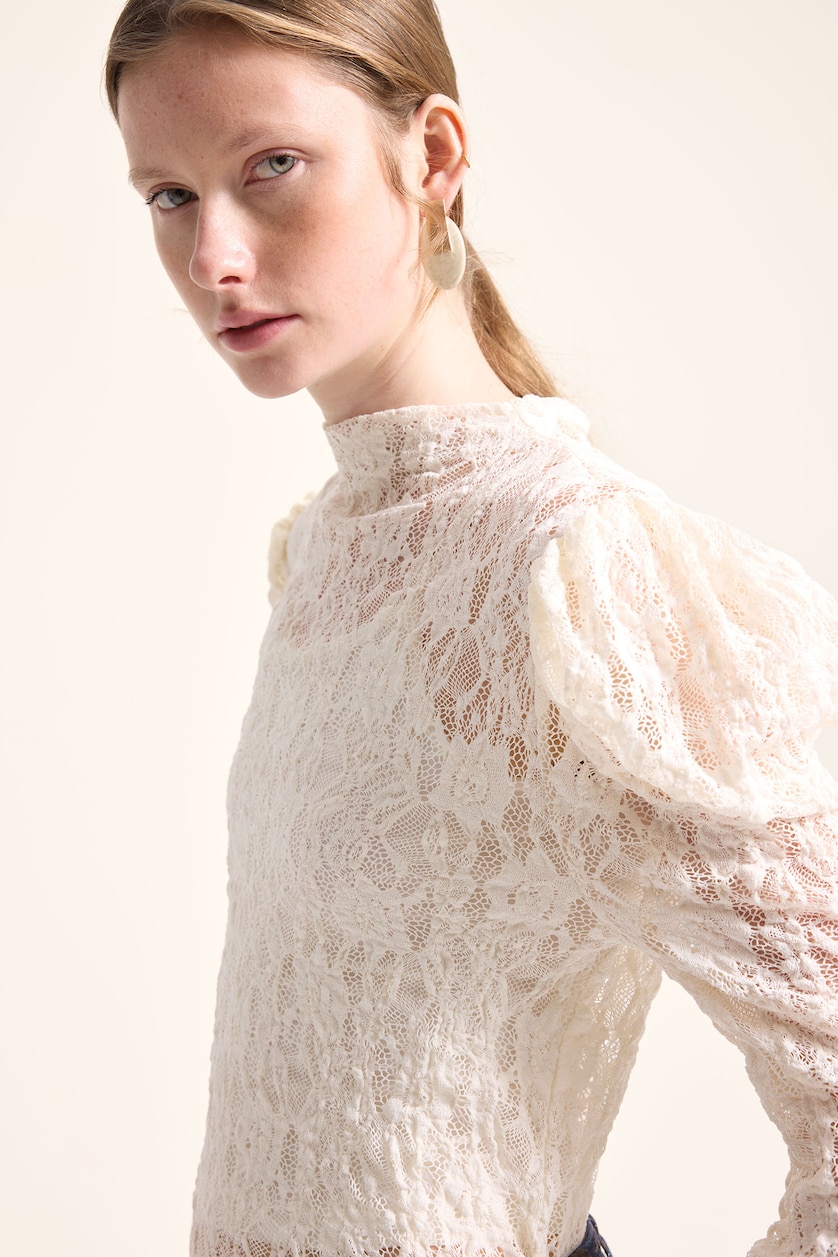 حريمي بيج فاتح Slim Fit Mock Neck Lace Top