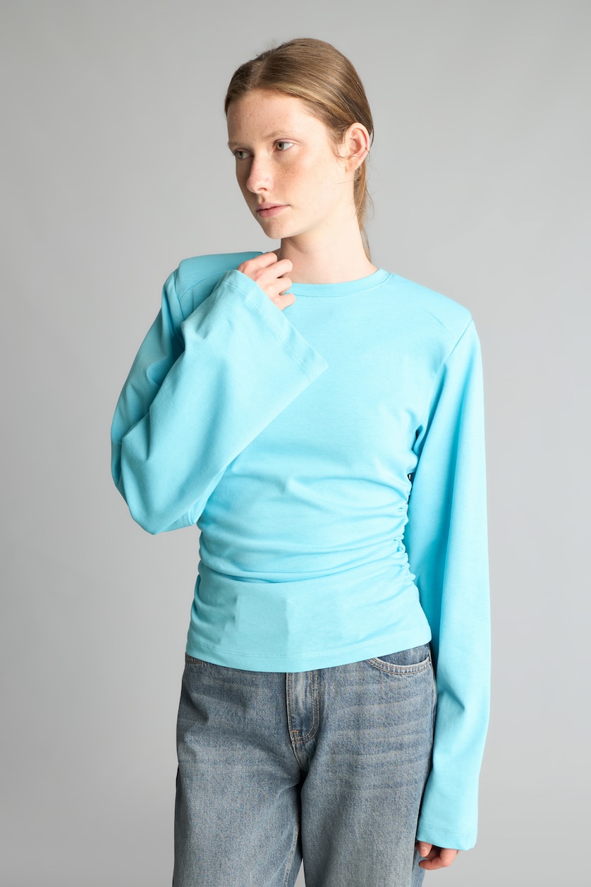 Kadın Deniz Mavisi Slim Fit Büzgülü Geniş Kollu Basic Tişört