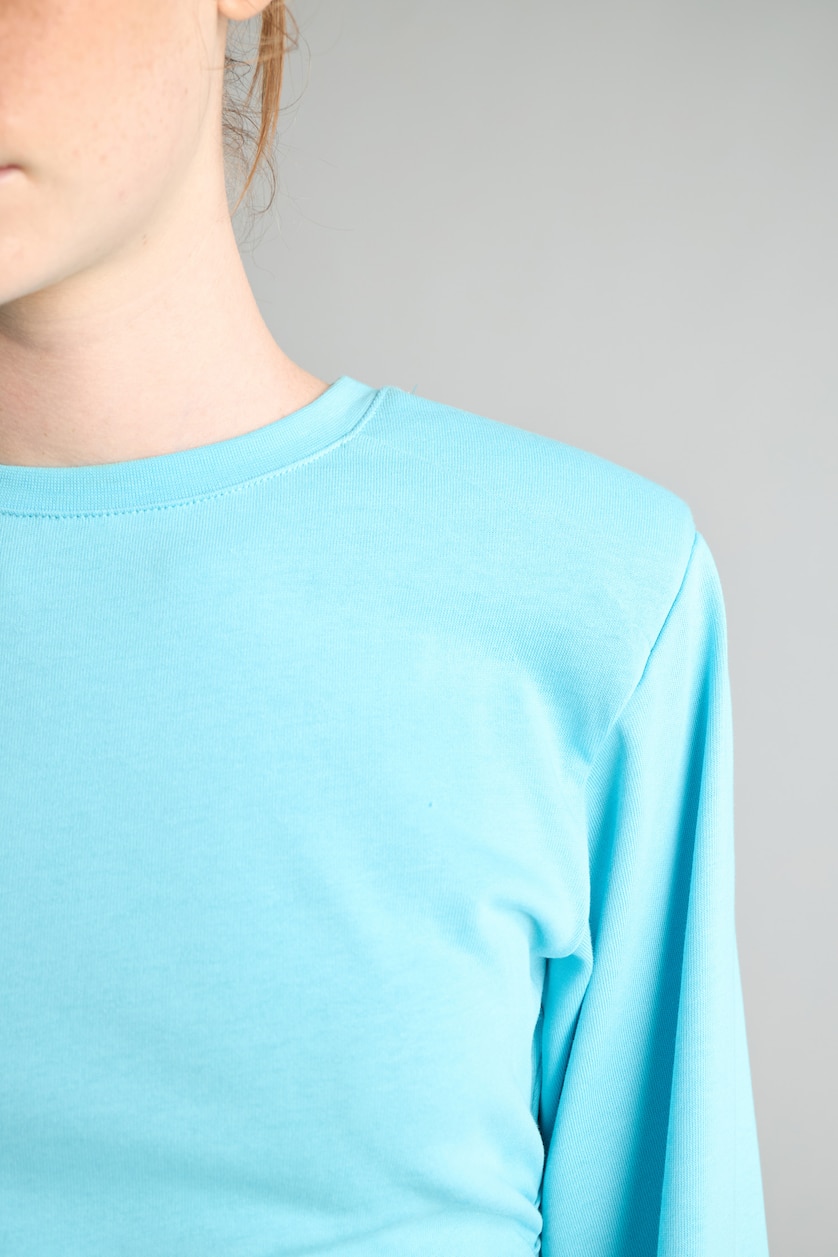 Kadın Deniz Mavisi Slim Fit Büzgülü Geniş Kollu Basic Tişört