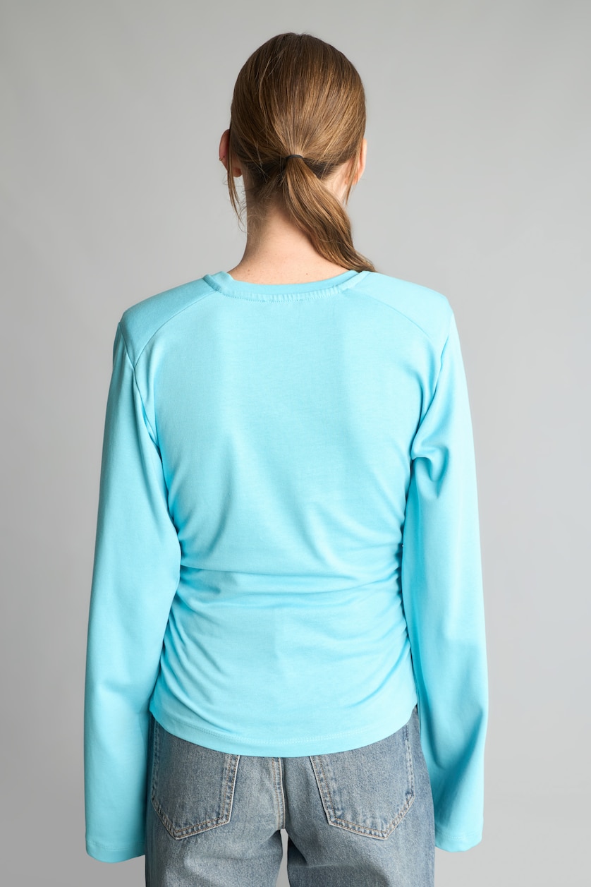Kadın Deniz Mavisi Slim Fit Büzgülü Geniş Kollu Basic Tişört