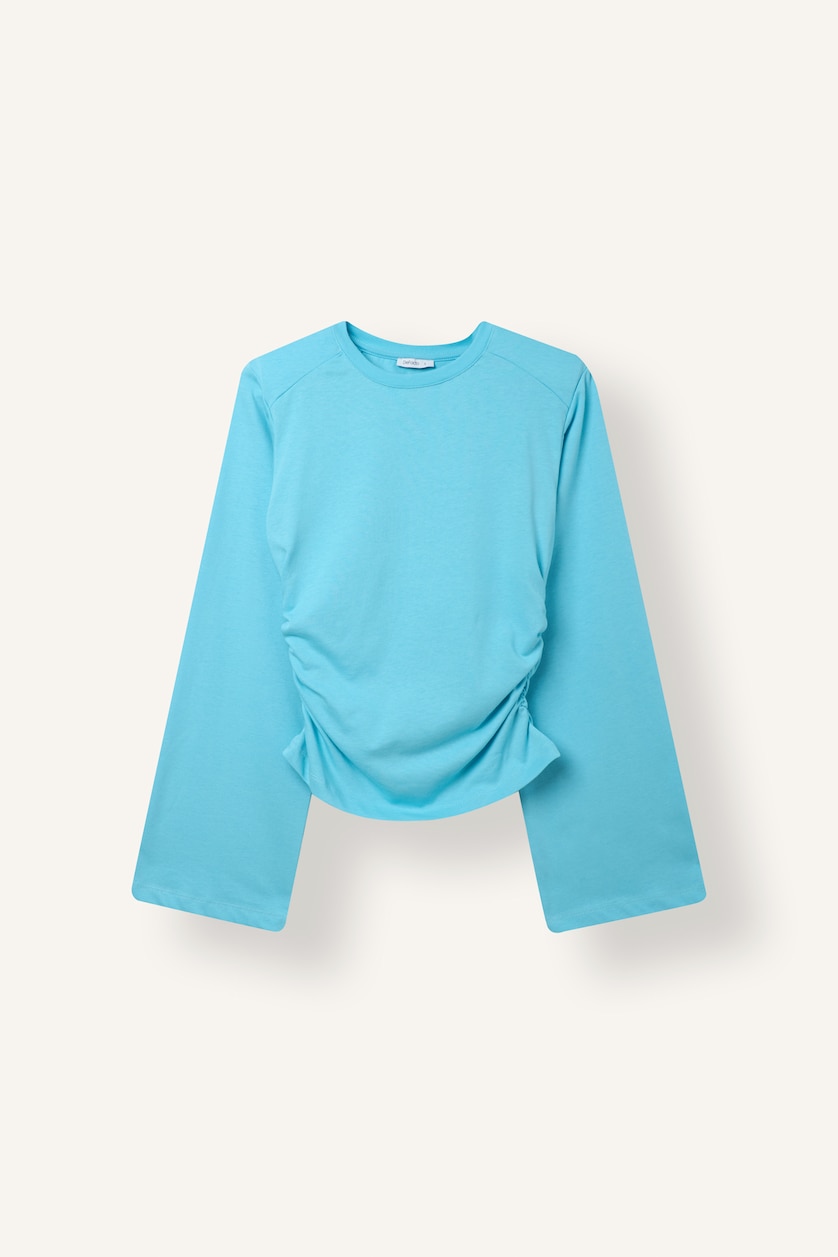Kadın Deniz Mavisi Slim Fit Büzgülü Geniş Kollu Basic Tişört