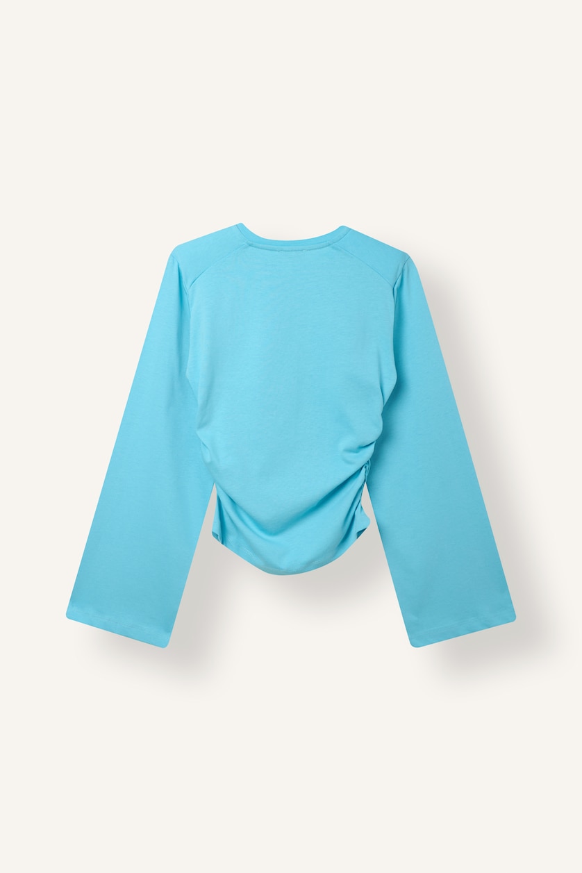 Kadın Deniz Mavisi Slim Fit Büzgülü Geniş Kollu Basic Tişört