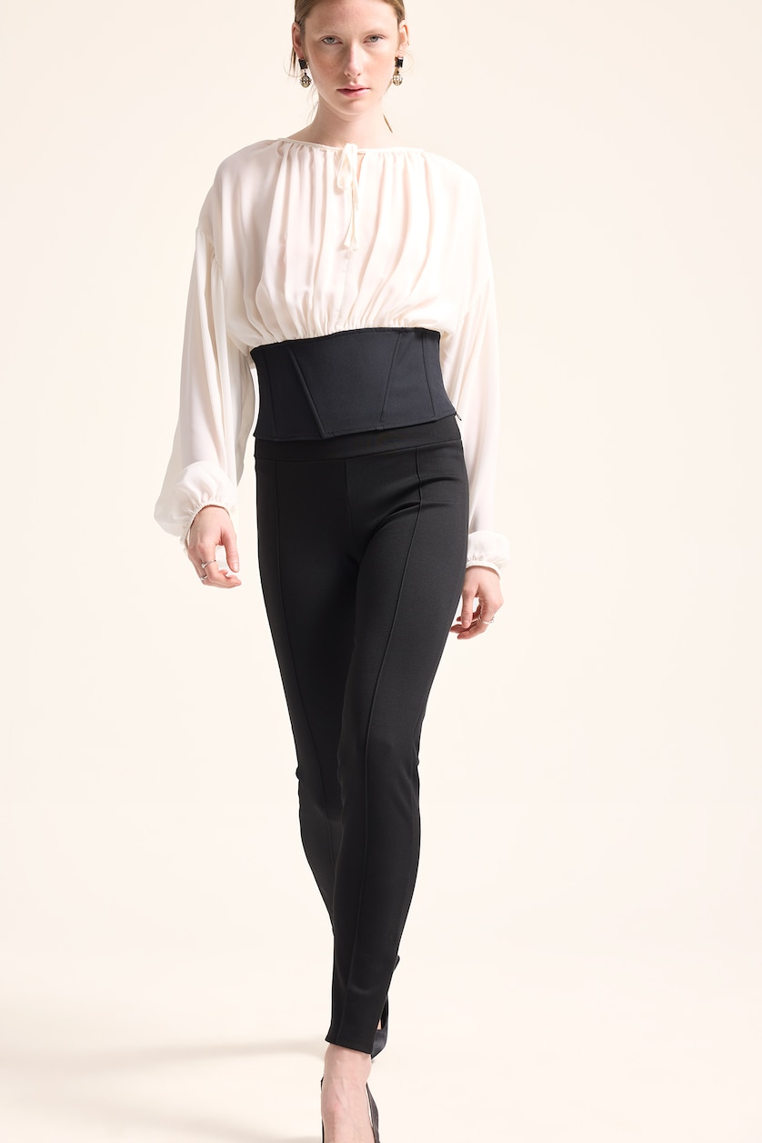WOMAN Ecru Cropped Crepe Basic Lace Up Detail Blouse