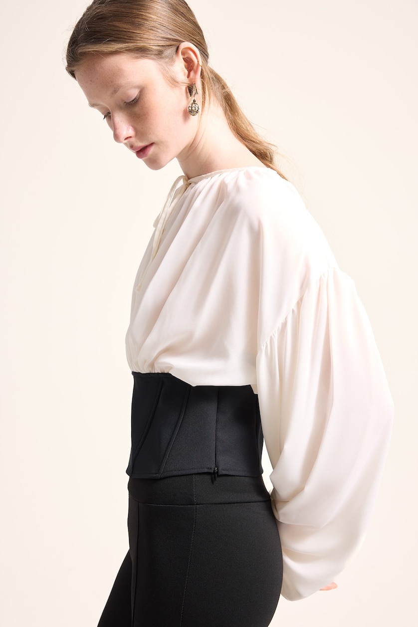 WOMAN Ecru Cropped Crepe Basic Lace Up Detail Blouse