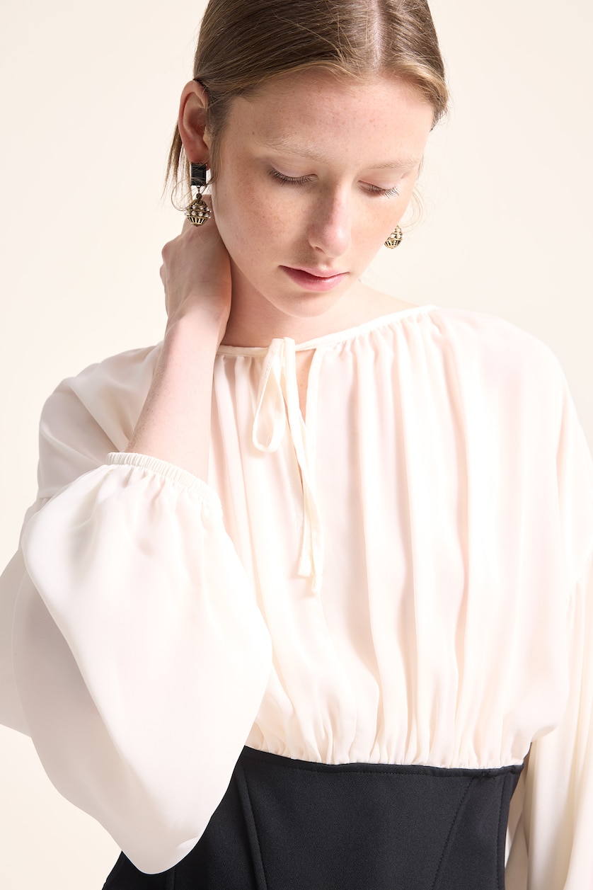 WOMAN Ecru Cropped Crepe Basic Lace Up Detail Blouse