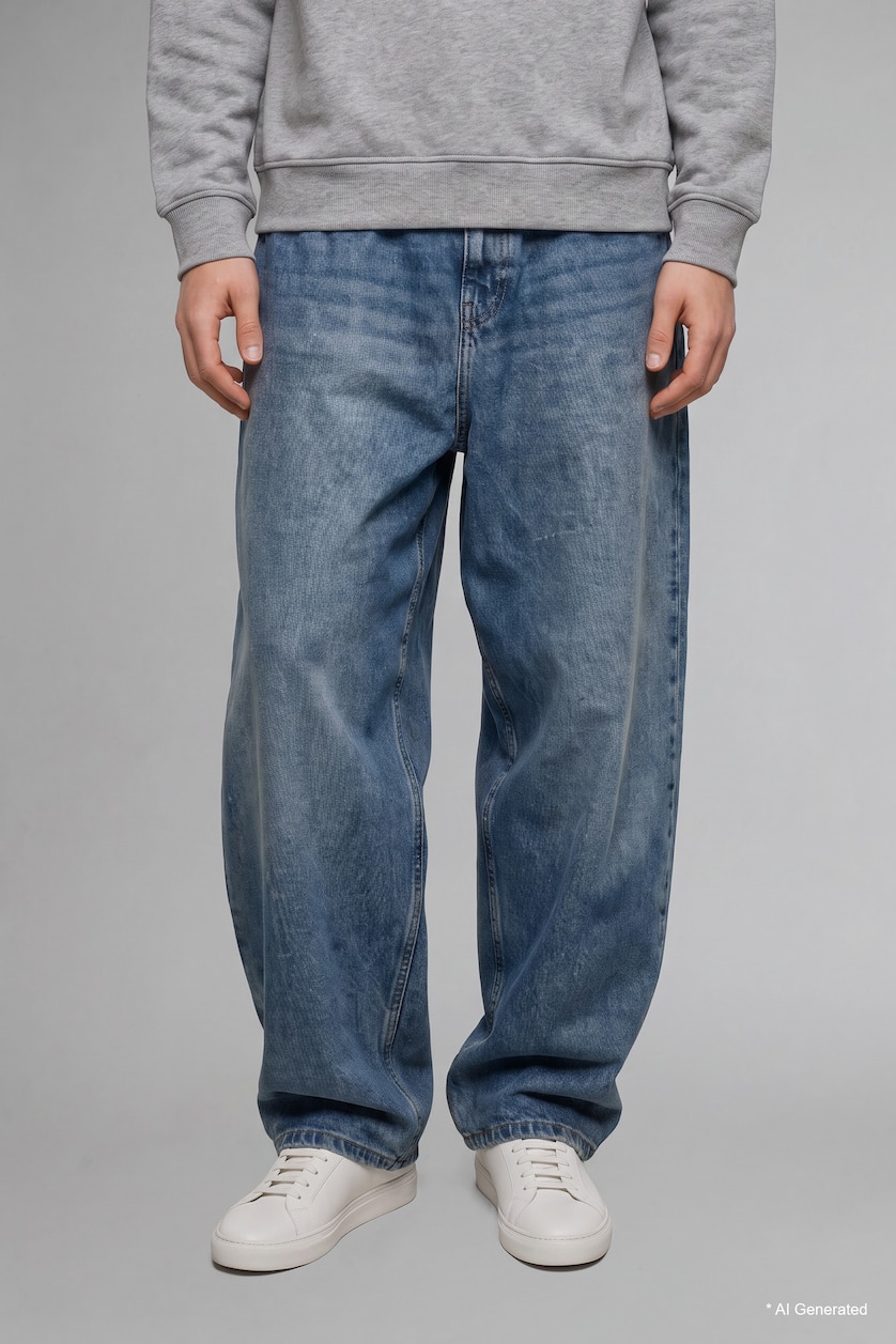 Erkek Mavi Gri Baggy Fıt Jean