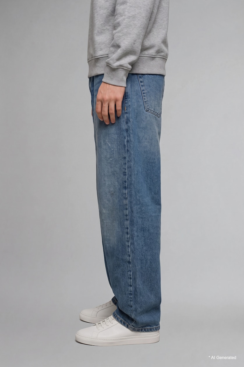 Erkek Mavi Gri Baggy Fıt Jean
