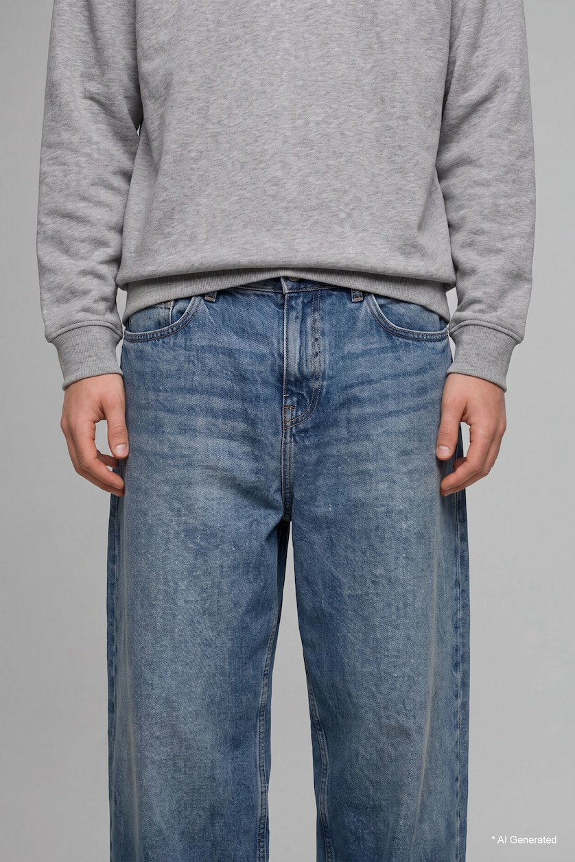 Erkek Mavi Gri Baggy Fıt Jean