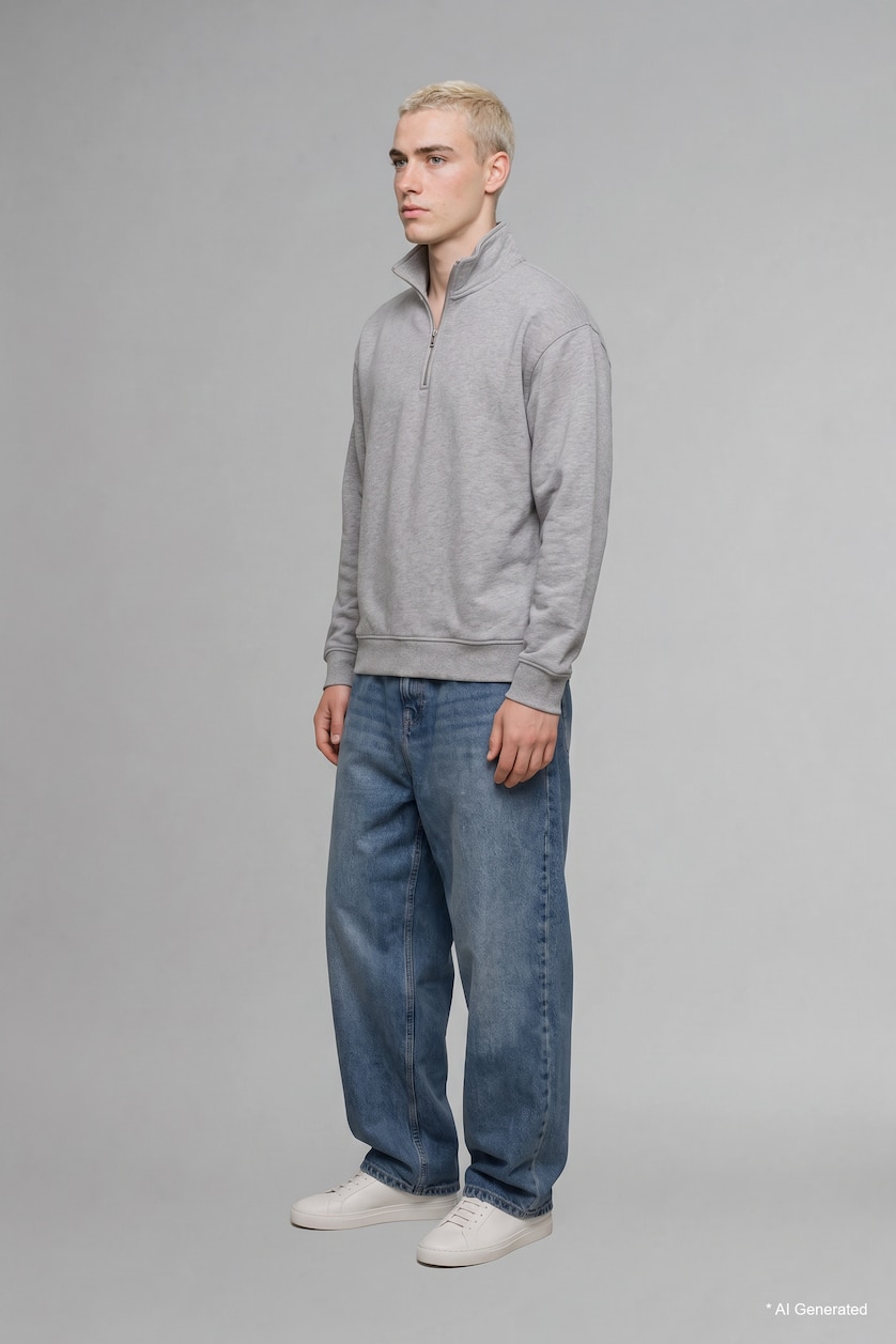 Erkek Mavi Gri Baggy Fıt Jean