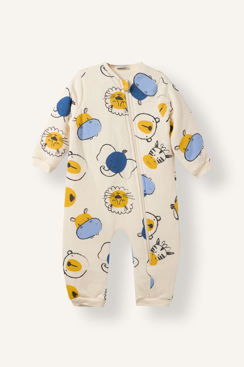 Baby Boys Ecru Man Crew Neck Printed Jumpsuit