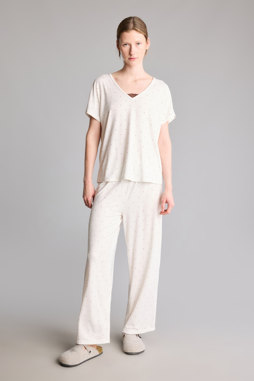 Kadın Ekru Regular Fit V Yaka Desenli Pijama Takım