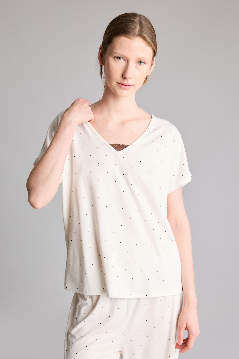 Kadın Ekru Regular Fit V Yaka Desenli Pijama Takım