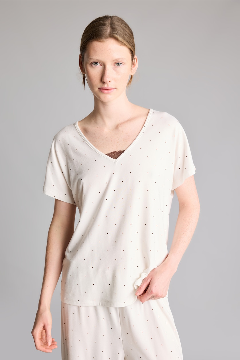 Kadın Ekru Regular Fit V Yaka Desenli Pijama Takım