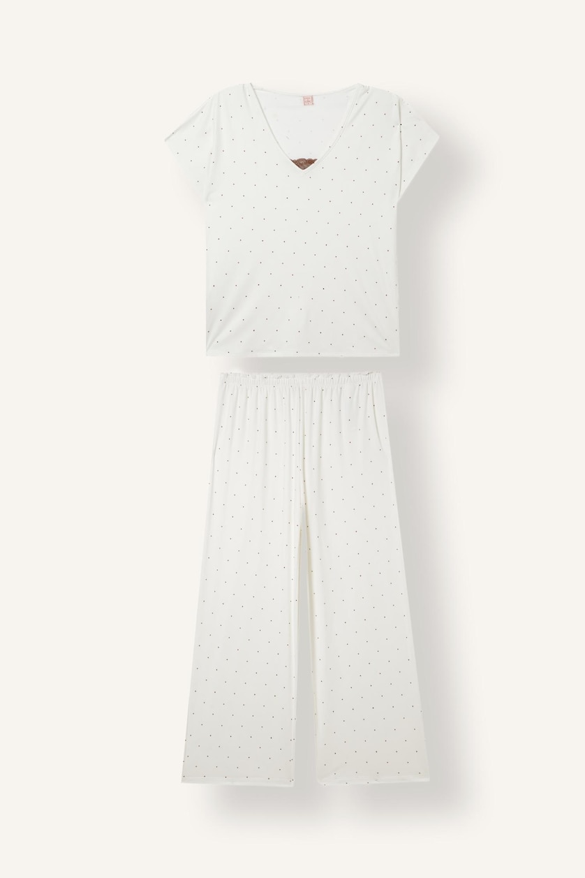Kadın Ekru Regular Fit V Yaka Desenli Pijama Takım