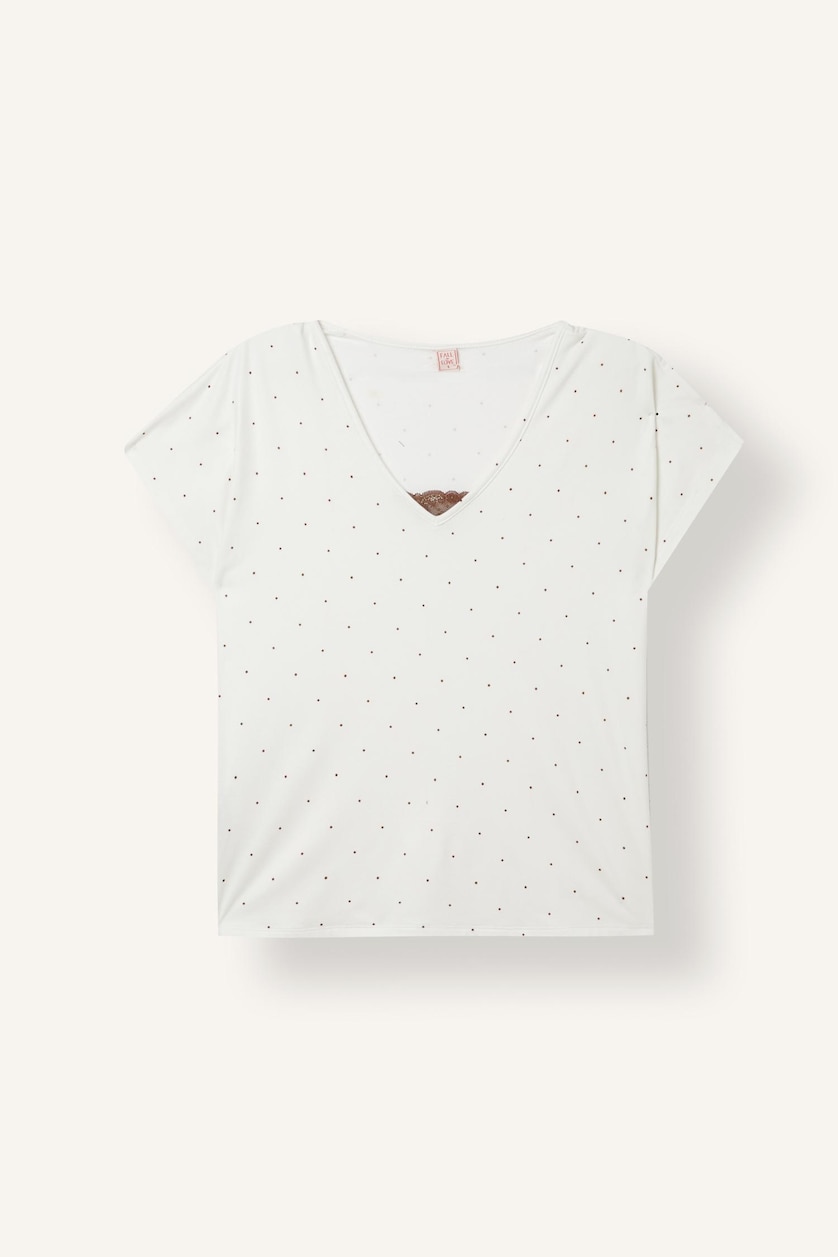 Kadın Ekru Regular Fit V Yaka Desenli Pijama Takım