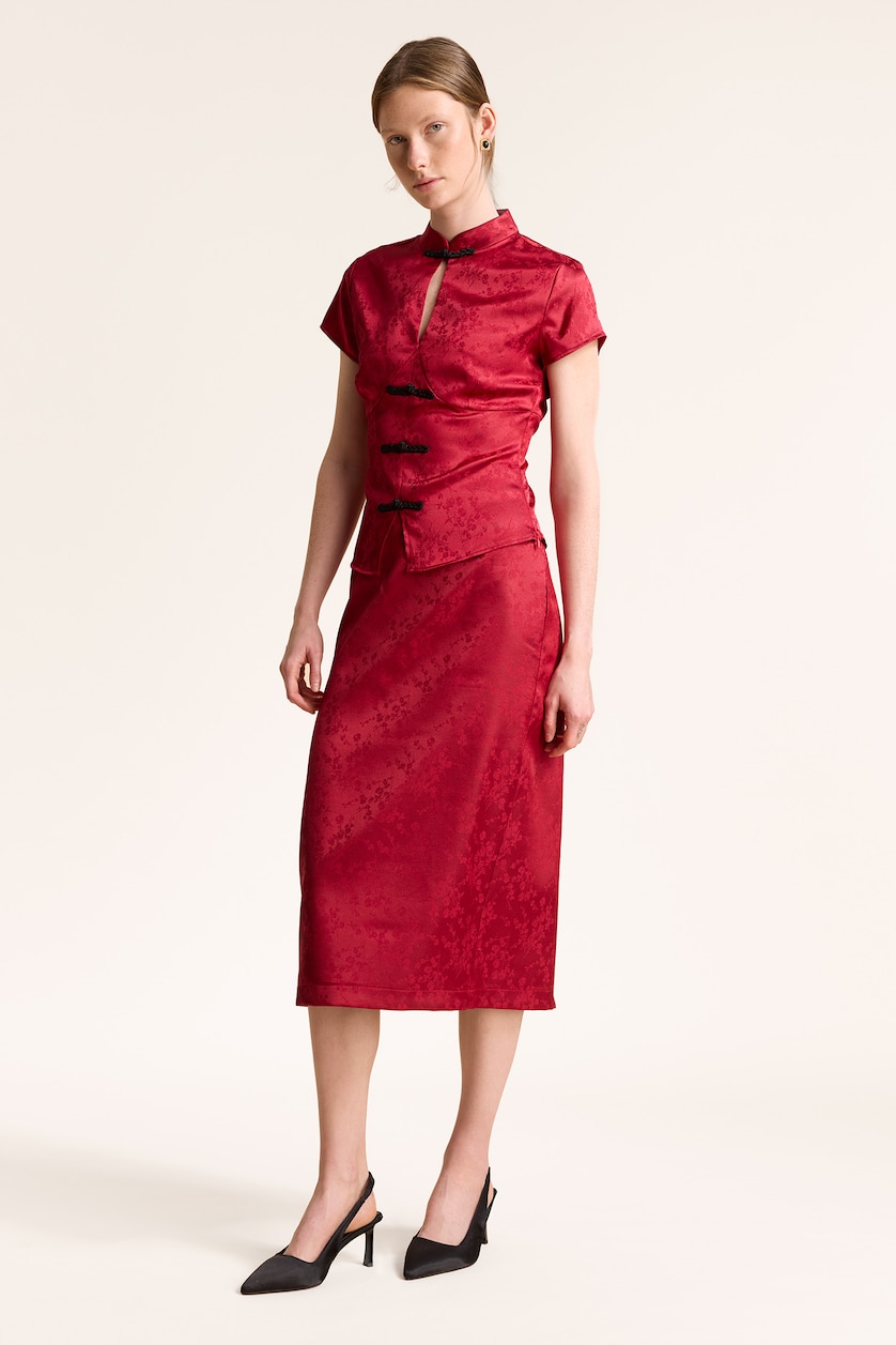 WOMAN Bordeaux Jacquard Floral Patterned Satin Pencil Skirt