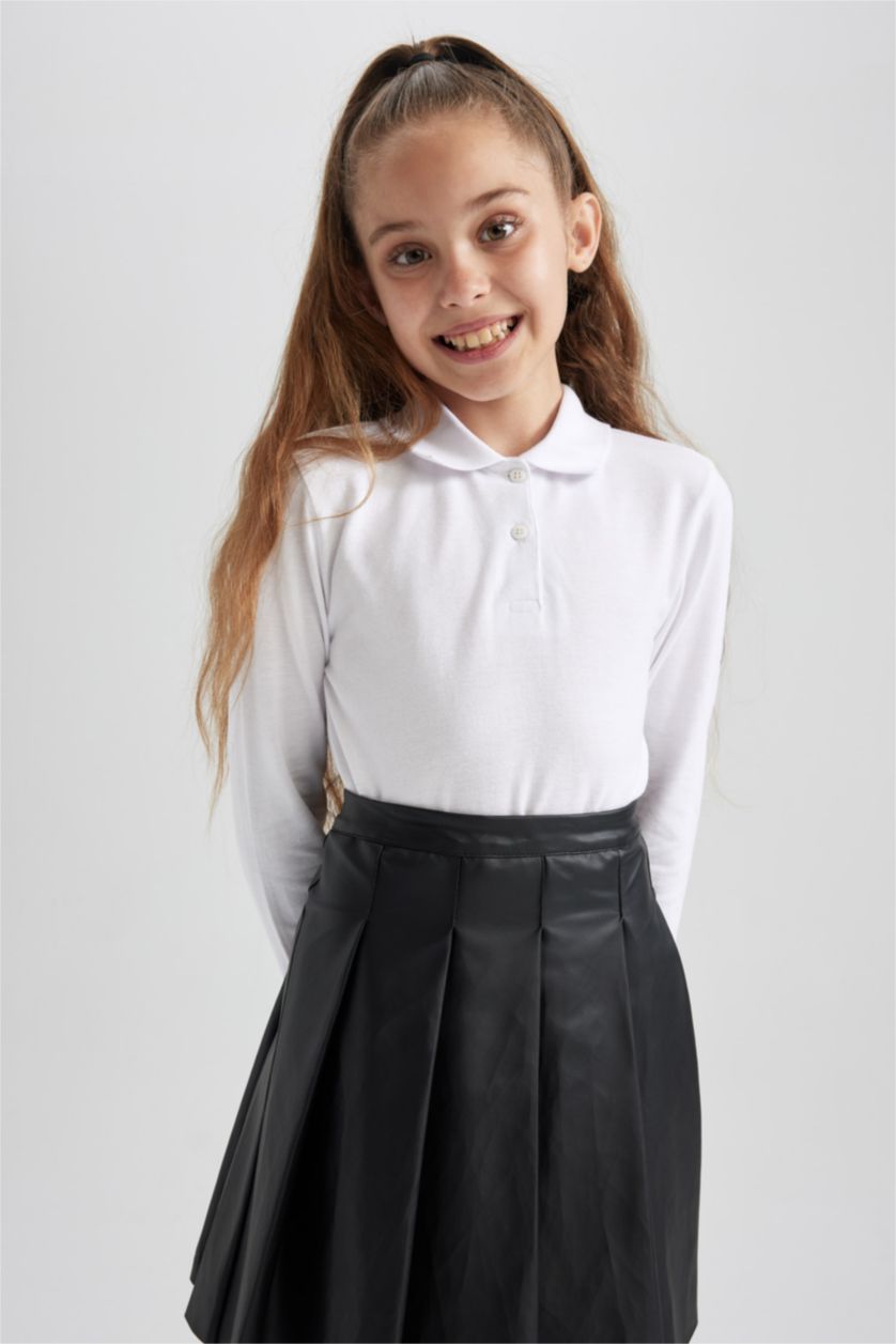 GIRLS & TEENS White تيشيرت بولو كم طويل بيكة قصة عادية