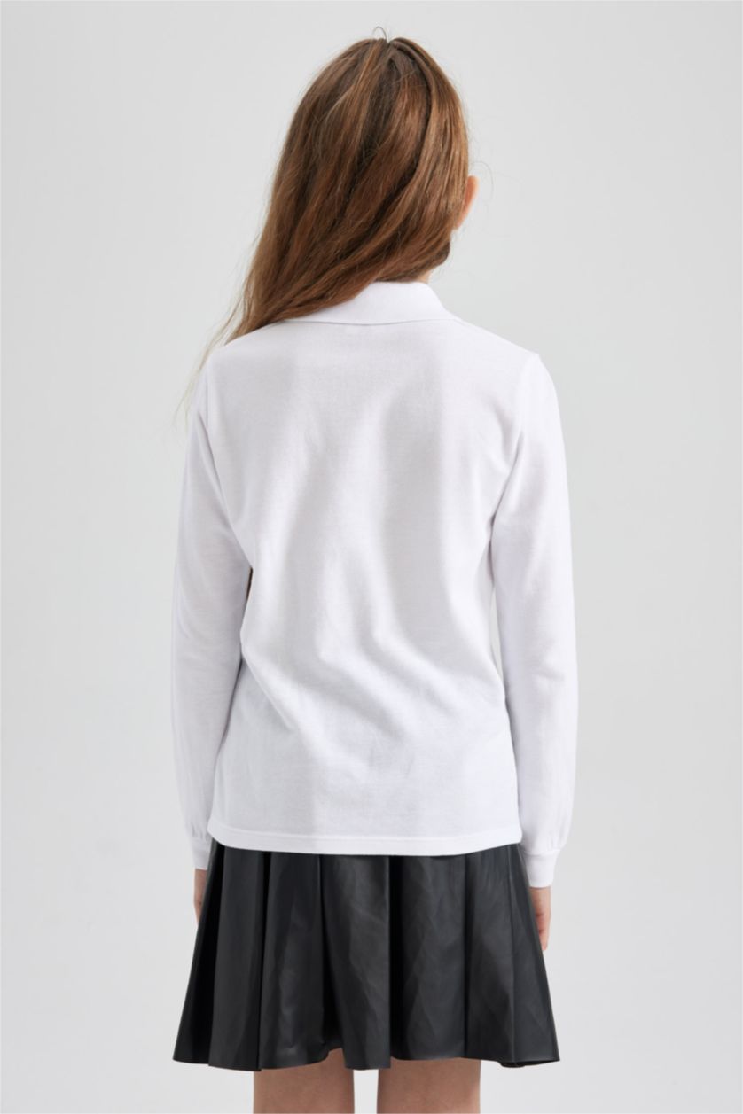 GIRLS & TEENS White تيشيرت بولو كم طويل بيكة قصة عادية
